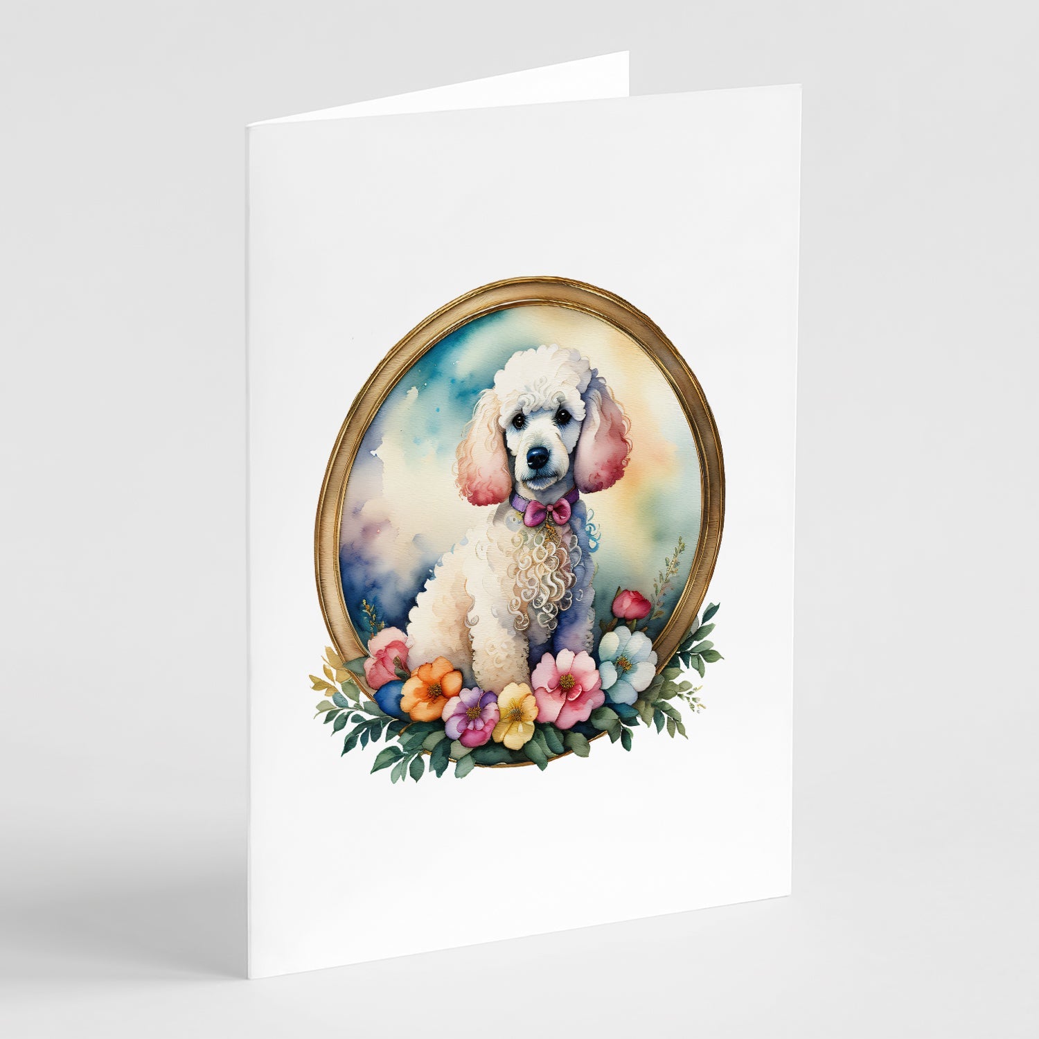 White Poodle and Flowers Greeting Cards Pack of 8 Blank Cards with Envelopes Whimsical A7 Size 5x7