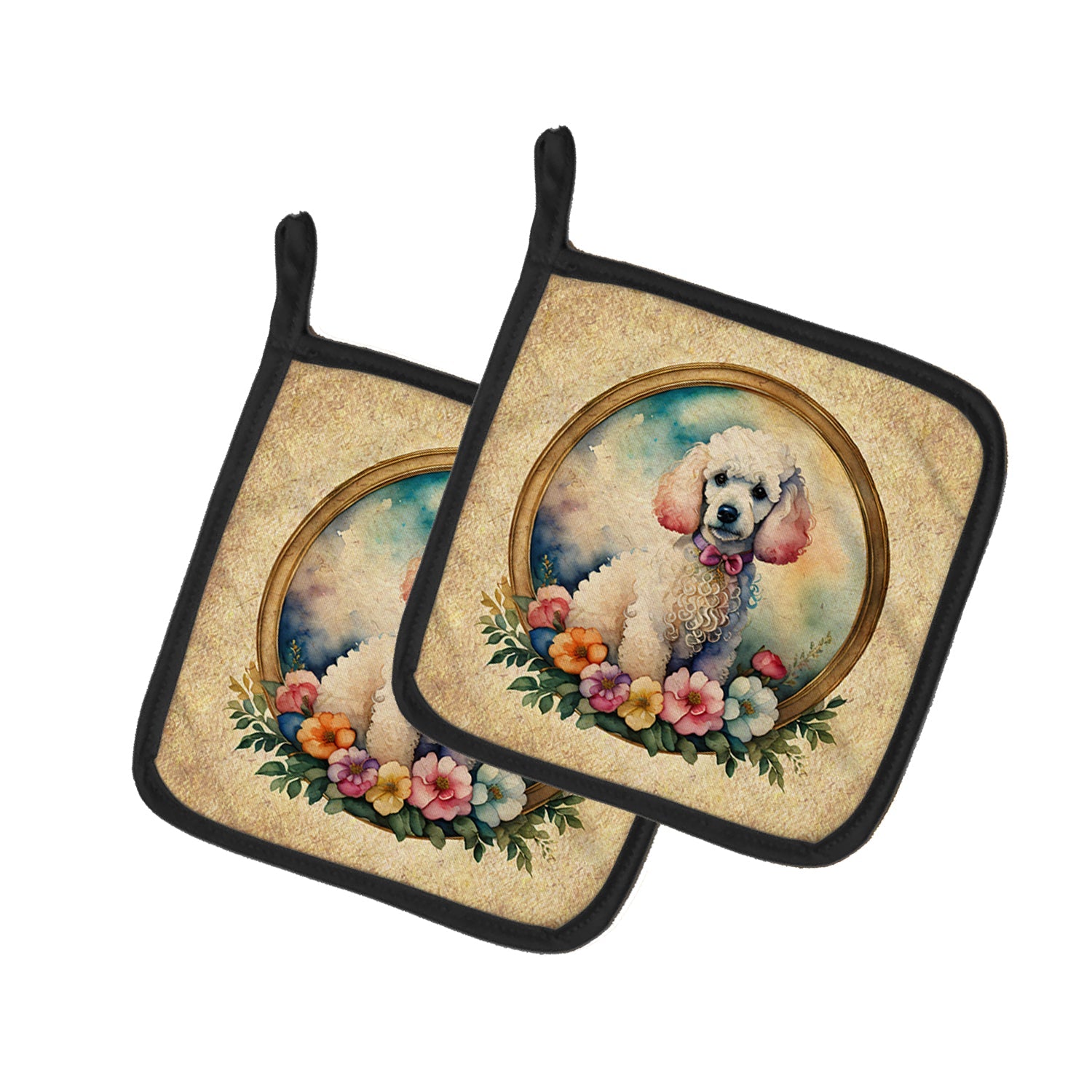 White Poodle and Flowers Pot Holder Set of 2 Heat Resistant Quilted Hot Pads 7.5 x 7.5 Inch, Insulated Kitchen Trivets for Cooking & Baking