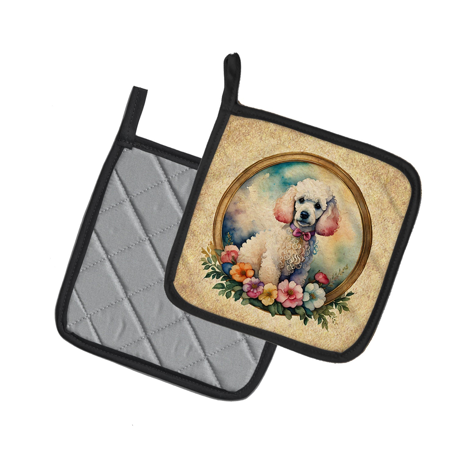 White Poodle and Flowers Pot Holder Set of 2 Heat Resistant Quilted Hot Pads 7.5 x 7.5 Inch, Insulated Kitchen Trivets for Cooking & Baking