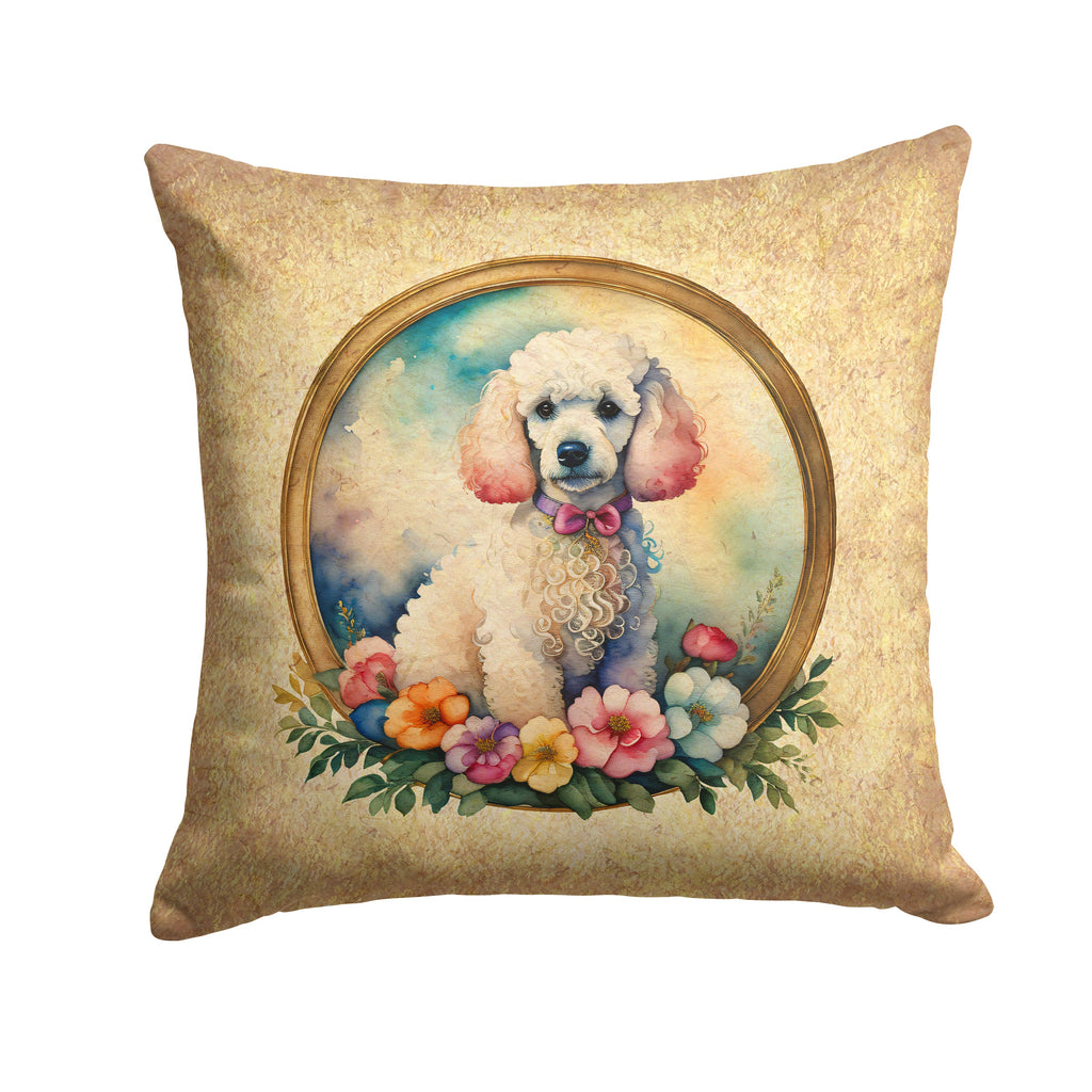 White Poodle and Flowers Decorative Throw Pillow 14x14 Indoor Outdoor Accent Cushion, Fabric Cover with Insert for Sofa, Bed, Porch & Living Room