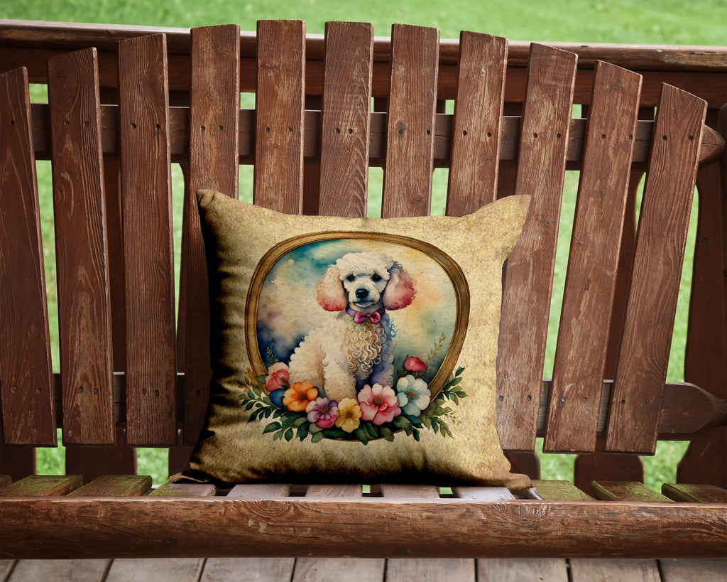 White Poodle and Flowers Decorative Throw Pillow 14x14 Indoor Outdoor Accent Cushion, Fabric Cover with Insert for Sofa, Bed, Porch & Living Room
