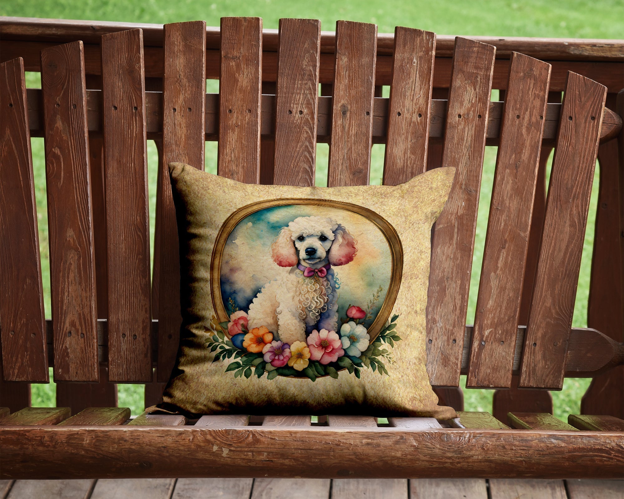 White Poodle and Flowers Decorative Throw Pillow 14x14 Indoor Outdoor Accent Cushion, Fabric Cover with Insert for Sofa, Bed, Porch & Living Room