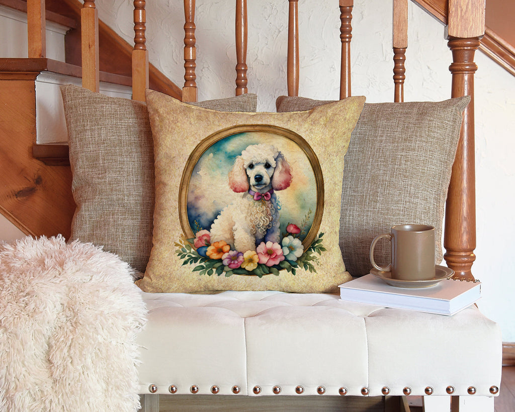 White Poodle and Flowers Decorative Throw Pillow 14x14 Indoor Outdoor Accent Cushion, Fabric Cover with Insert for Sofa, Bed, Porch & Living Room