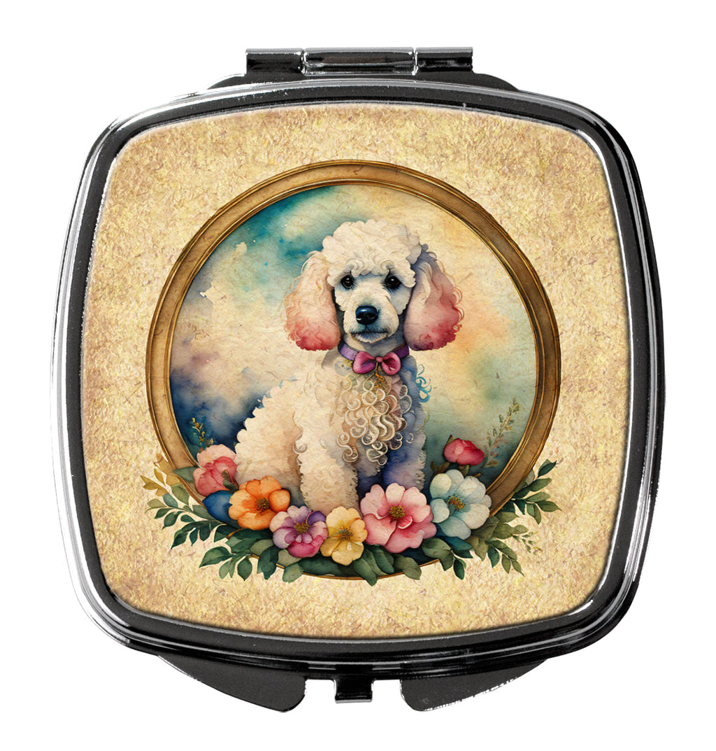 White Poodle and Flowers Compact Mirror Decorative Travel Makeup Mirror for Women Girls Gifts Pocket Makeup Mirror Folding Handheld