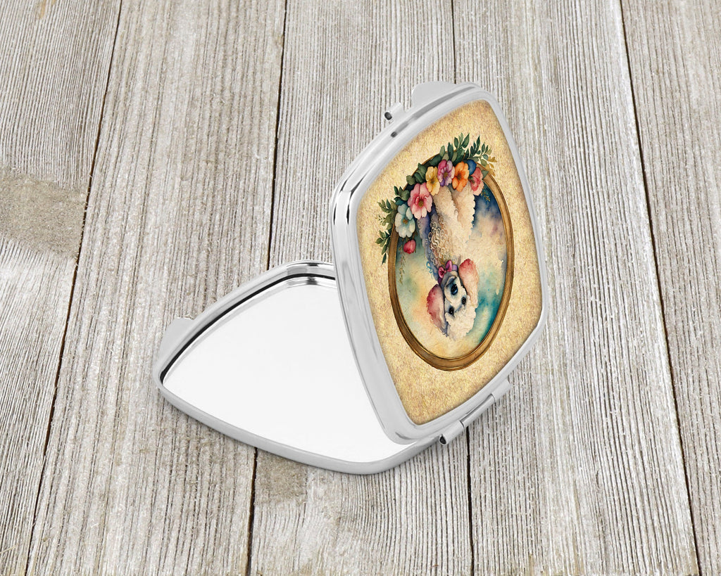White Poodle and Flowers Compact Mirror Decorative Travel Makeup Mirror for Women Girls Gifts Pocket Makeup Mirror Folding Handheld
