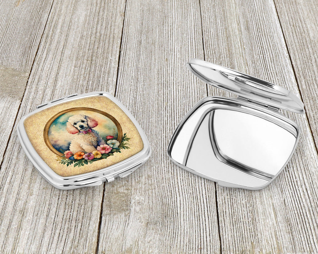 White Poodle and Flowers Compact Mirror Decorative Travel Makeup Mirror for Women Girls Gifts Pocket Makeup Mirror Folding Handheld