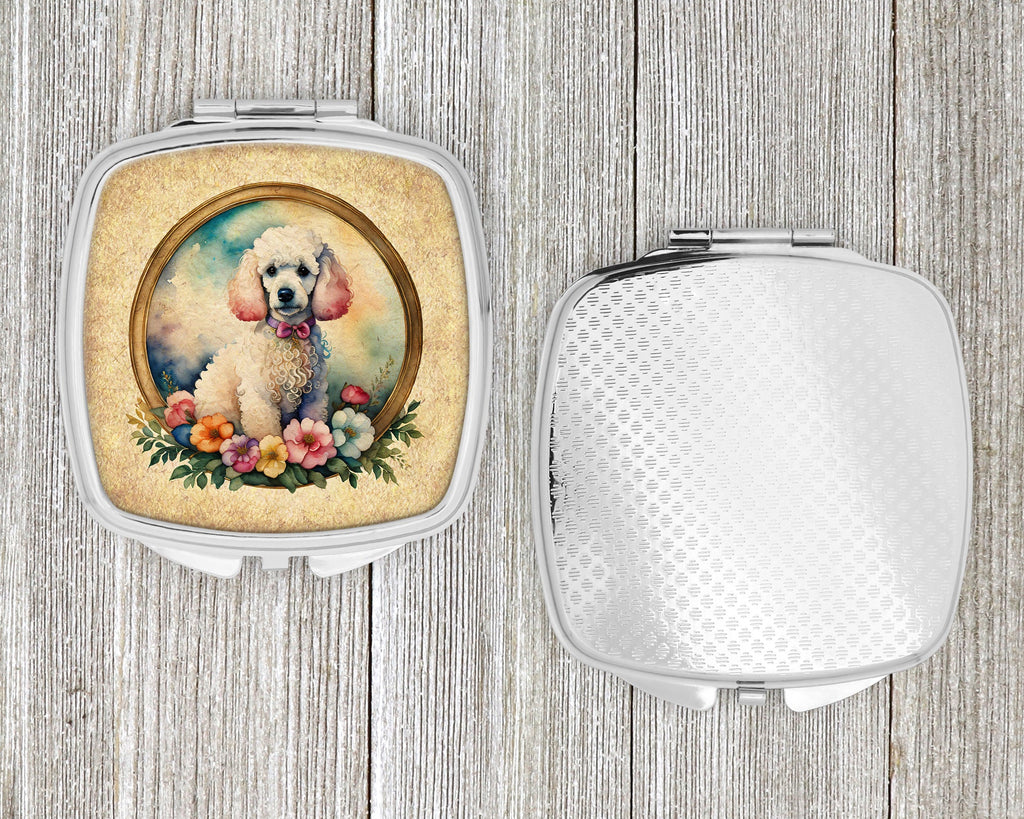 White Poodle and Flowers Compact Mirror Decorative Travel Makeup Mirror for Women Girls Gifts Pocket Makeup Mirror Folding Handheld