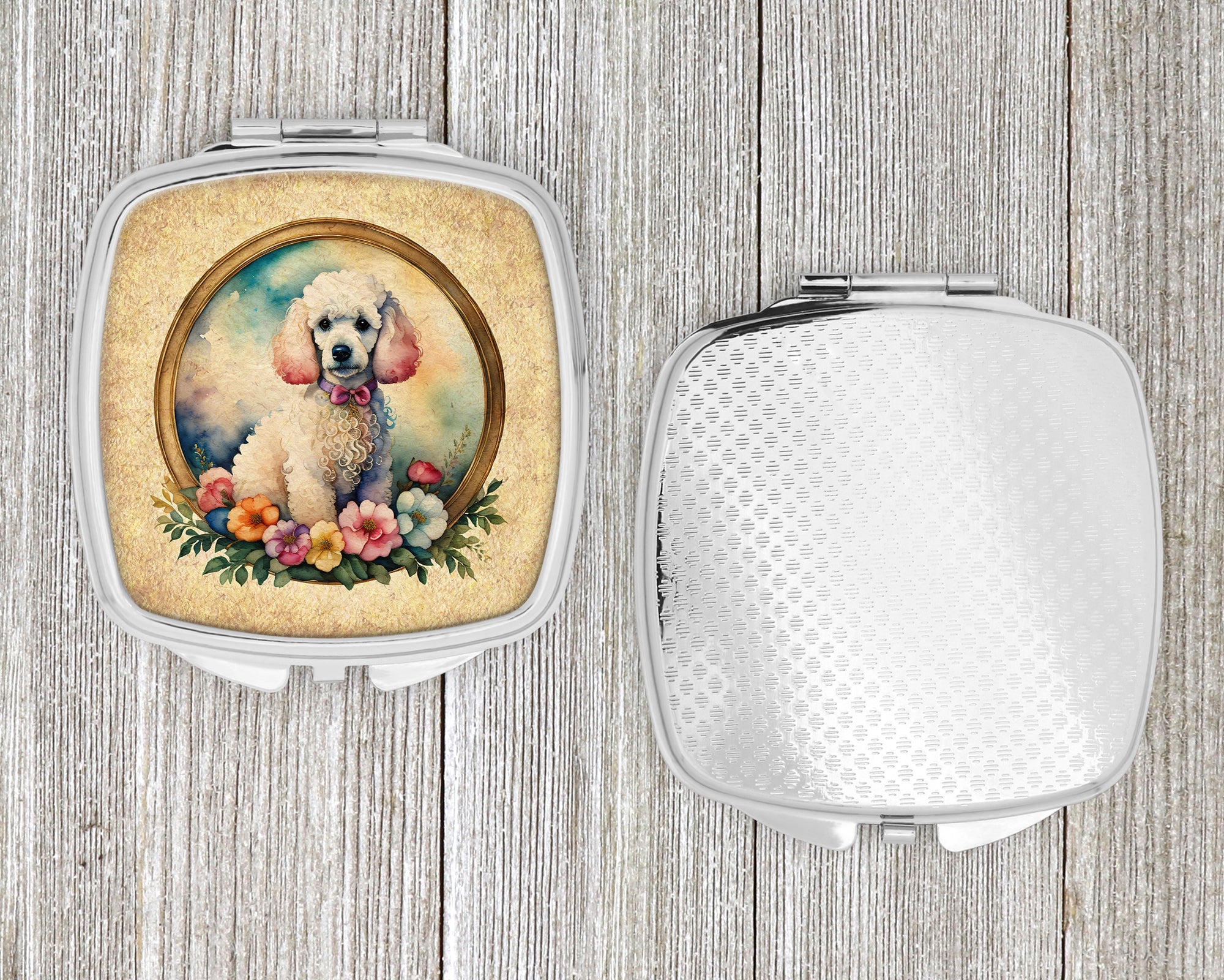 White Poodle and Flowers Compact Mirror Decorative Travel Makeup Mirror for Women Girls Gifts Pocket Makeup Mirror Folding Handheld
