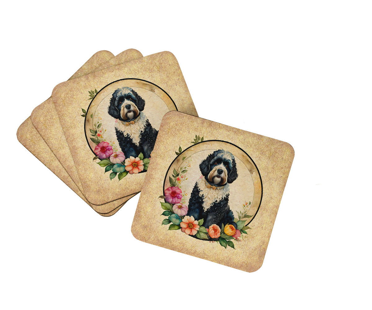Portuguese Water Dog and Flowers Foam Coasters Set of 4 Cup Coasters for Indoor Outdoor, Tabletop Protection, Anti Slip, Mouse pad Material
