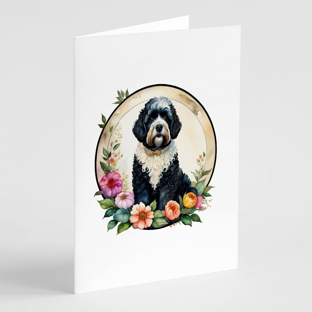 Portuguese Water Dog and Flowers Greeting Cards Pack of 8 Blank Cards with Envelopes Whimsical A7 Size 5x7
