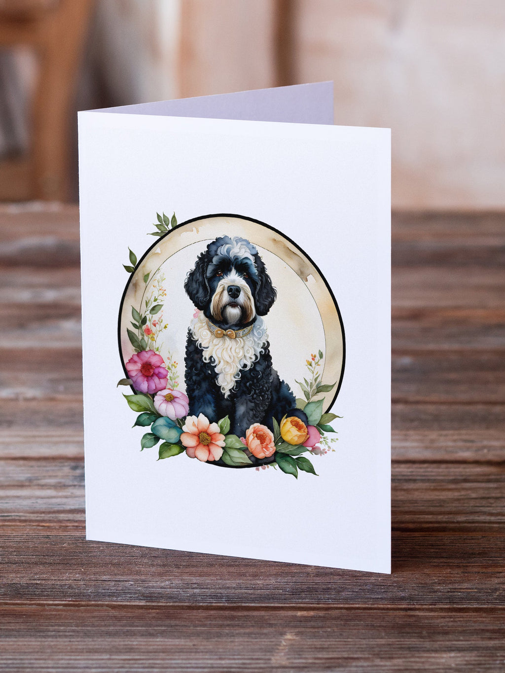 Portuguese Water Dog and Flowers Greeting Cards Pack of 8 Blank Cards with Envelopes Whimsical A7 Size 5x7