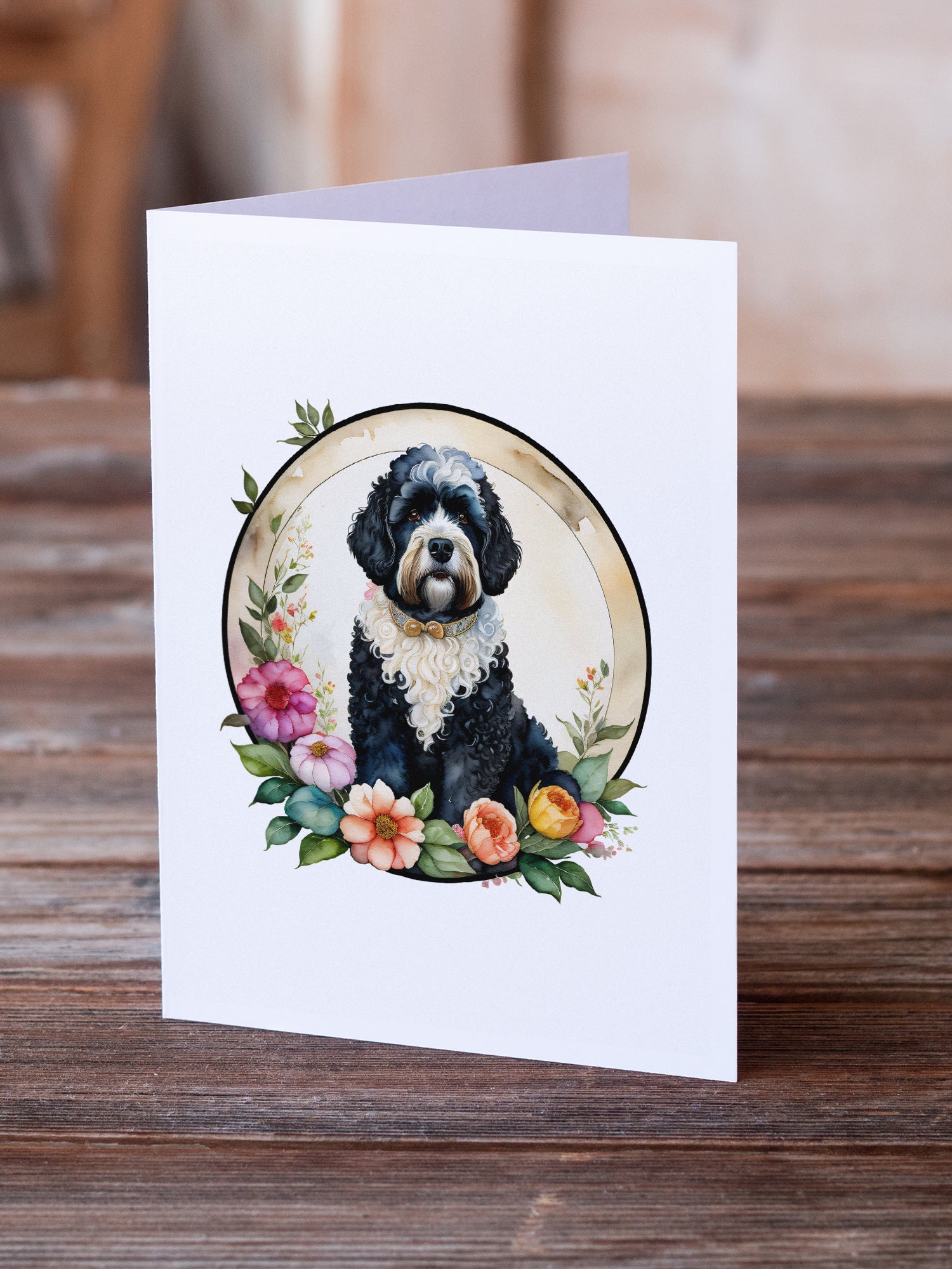 Portuguese Water Dog and Flowers Greeting Cards Pack of 8 Blank Cards with Envelopes Whimsical A7 Size 5x7