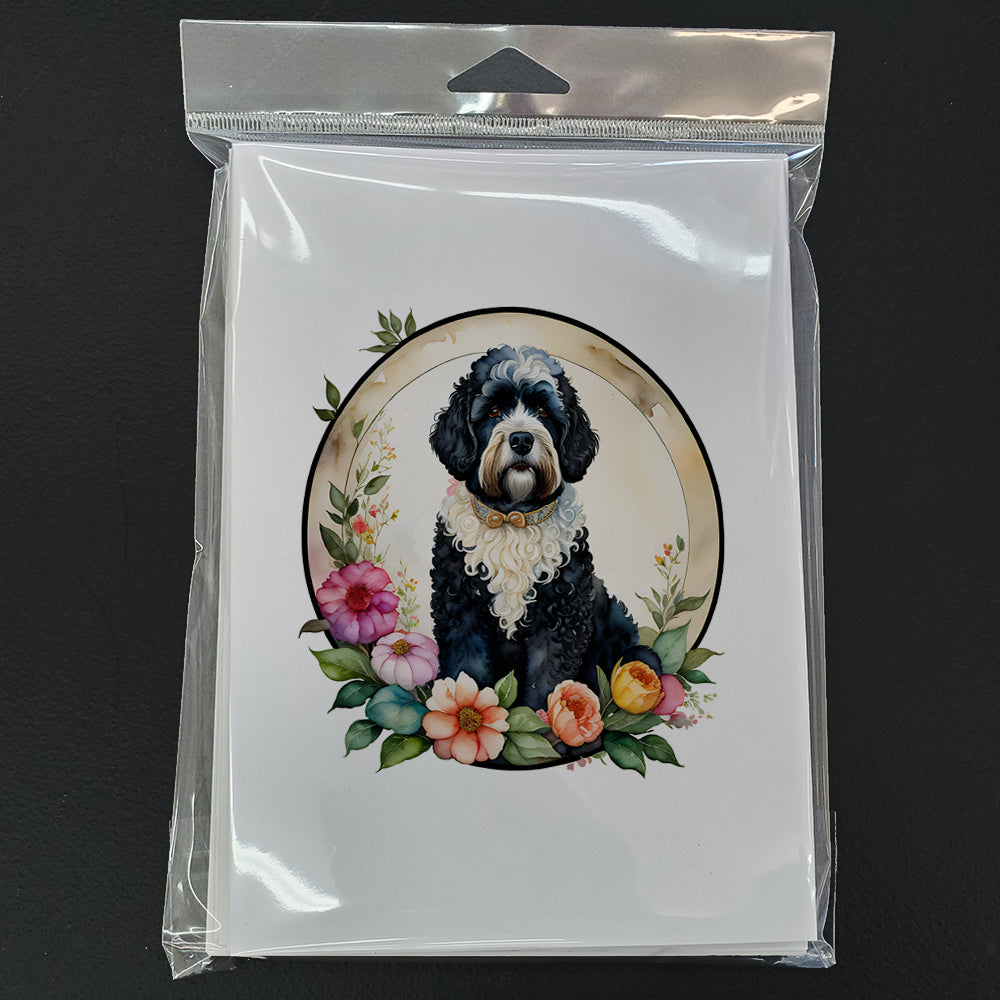 Portuguese Water Dog and Flowers Greeting Cards Pack of 8 Blank Cards with Envelopes Whimsical A7 Size 5x7