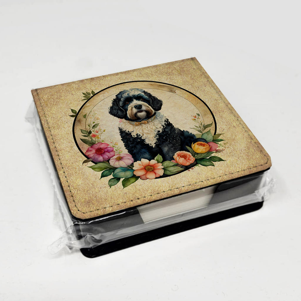 Portuguese Water Dog and Flowers PU Leather Note Paper Holder with Artist-Designed Cover, Desk Accessory, Office Gift