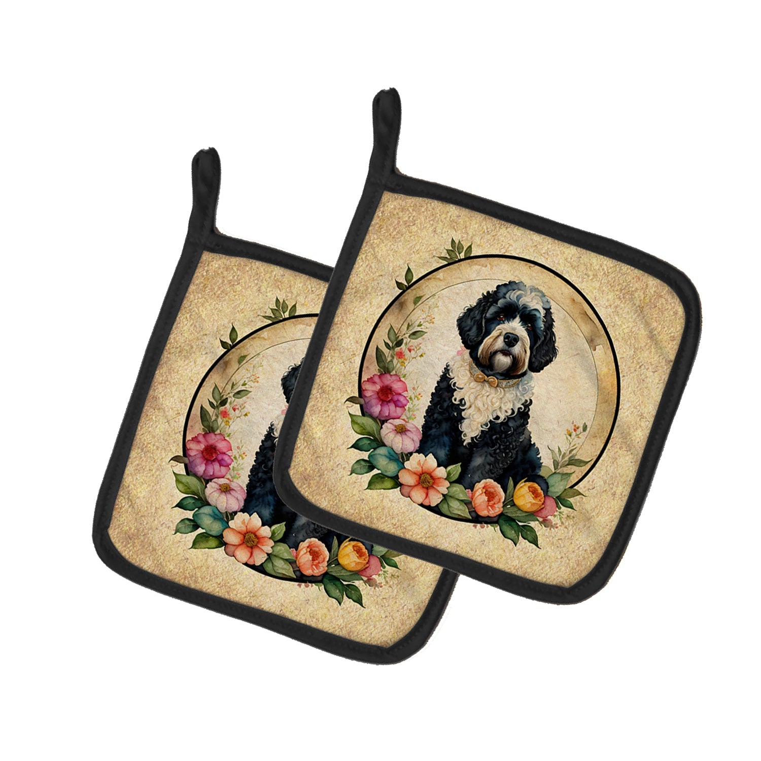 Portuguese Water Dog and Flowers Pot Holder Set of 2 Heat Resistant Quilted Hot Pads 7.5 x 7.5 Inch, Insulated Kitchen Trivets for Cooking & Baking