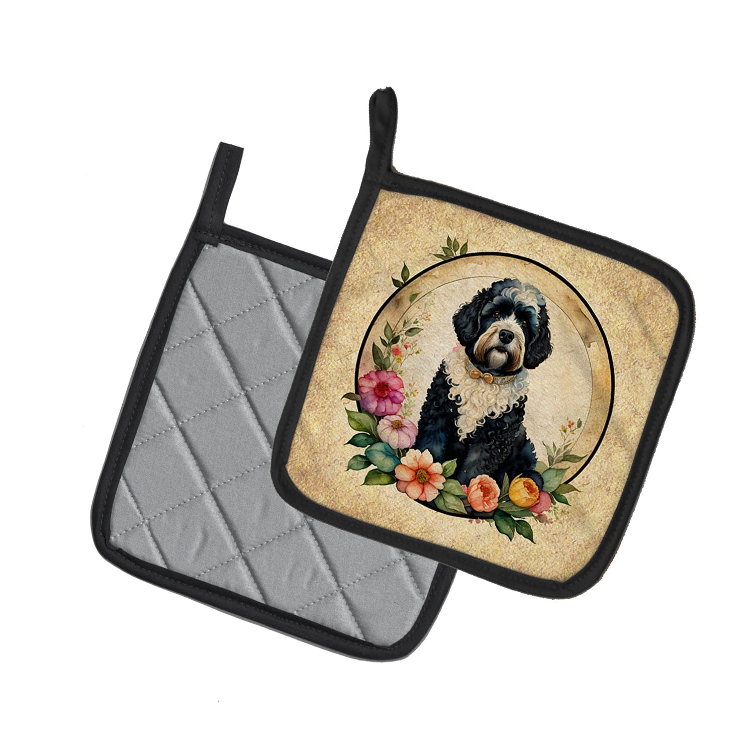 Portuguese Water Dog and Flowers Pot Holder Set of 2 Heat Resistant Quilted Hot Pads 7.5 x 7.5 Inch, Insulated Kitchen Trivets for Cooking & Baking
