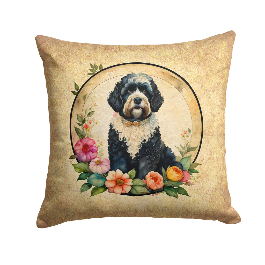Portuguese Water Dog and Flowers Decorative Throw Pillow 14x14 Indoor Outdoor Accent Cushion, Fabric Cover with Insert for Sofa, Bed, Porch & Living Room