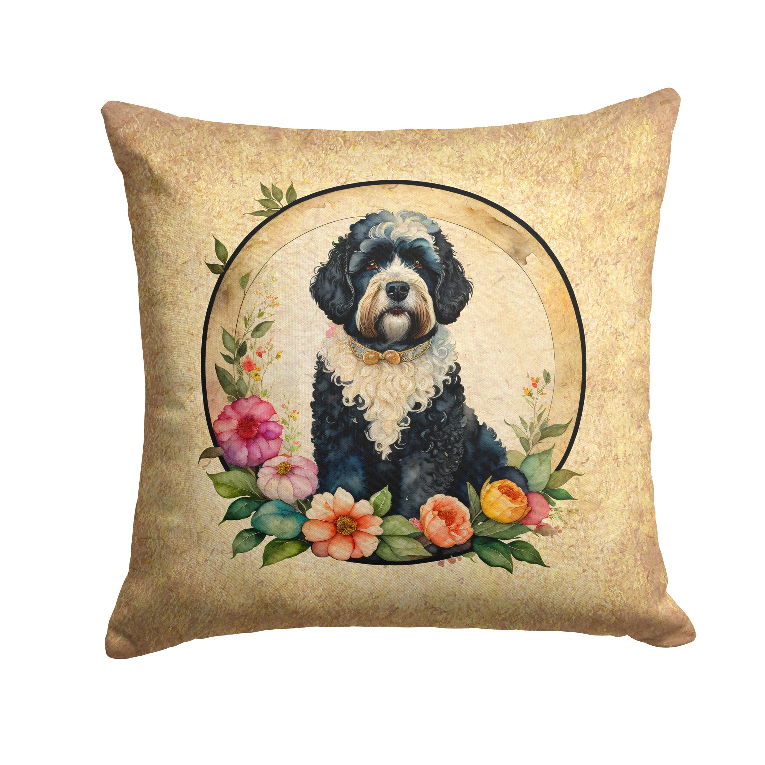 Portuguese Water Dog and Flowers Decorative Throw Pillow 14x14 Indoor Outdoor Accent Cushion, Fabric Cover with Insert for Sofa, Bed, Porch & Living Room