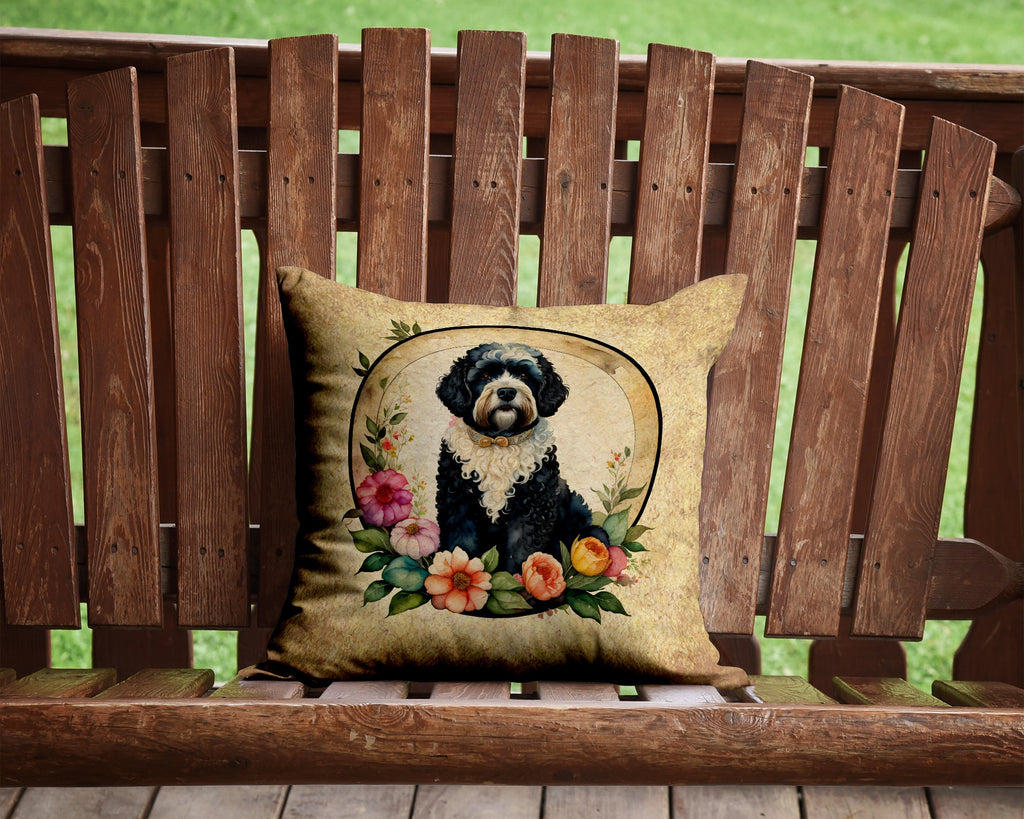 Portuguese Water Dog and Flowers Decorative Throw Pillow 14x14 Indoor Outdoor Accent Cushion, Fabric Cover with Insert for Sofa, Bed, Porch & Living Room