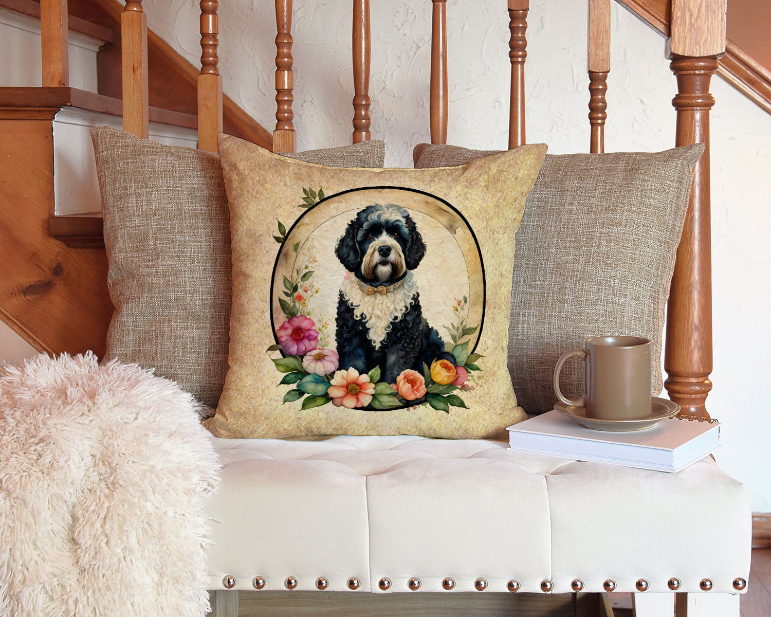Portuguese Water Dog and Flowers Decorative Throw Pillow 14x14 Indoor Outdoor Accent Cushion, Fabric Cover with Insert for Sofa, Bed, Porch & Living Room