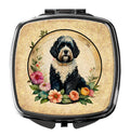 Portuguese Water Dog and Flowers Compact Mirror Decorative Travel Makeup Mirror for Women Girls Gifts Pocket Makeup Mirror Folding Handheld