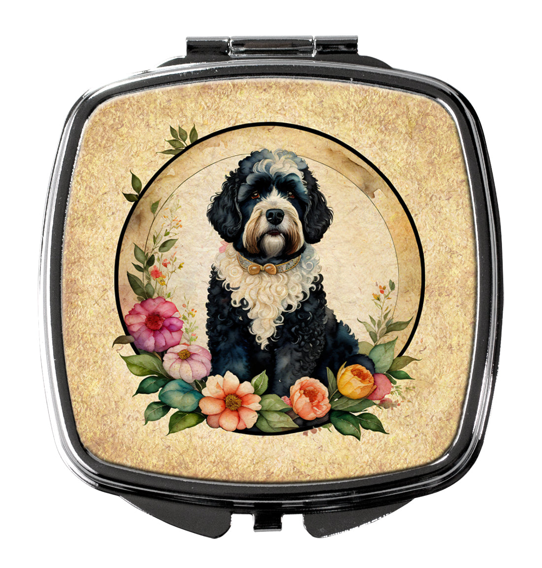Portuguese Water Dog and Flowers Compact Mirror Decorative Travel Makeup Mirror for Women Girls Gifts Pocket Makeup Mirror Folding Handheld