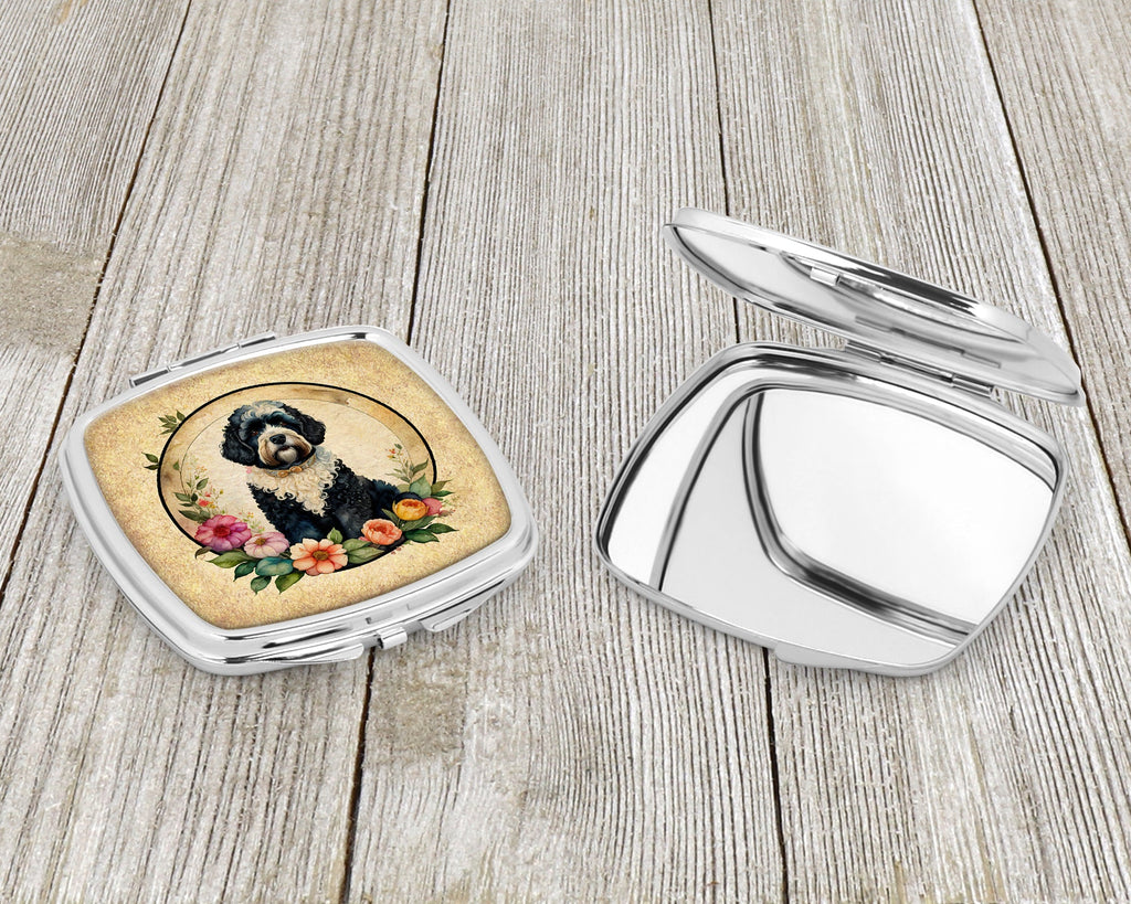 Portuguese Water Dog and Flowers Compact Mirror Decorative Travel Makeup Mirror for Women Girls Gifts Pocket Makeup Mirror Folding Handheld