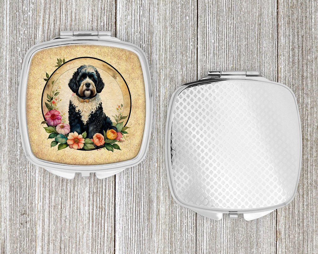 Portuguese Water Dog and Flowers Compact Mirror Decorative Travel Makeup Mirror for Women Girls Gifts Pocket Makeup Mirror Folding Handheld