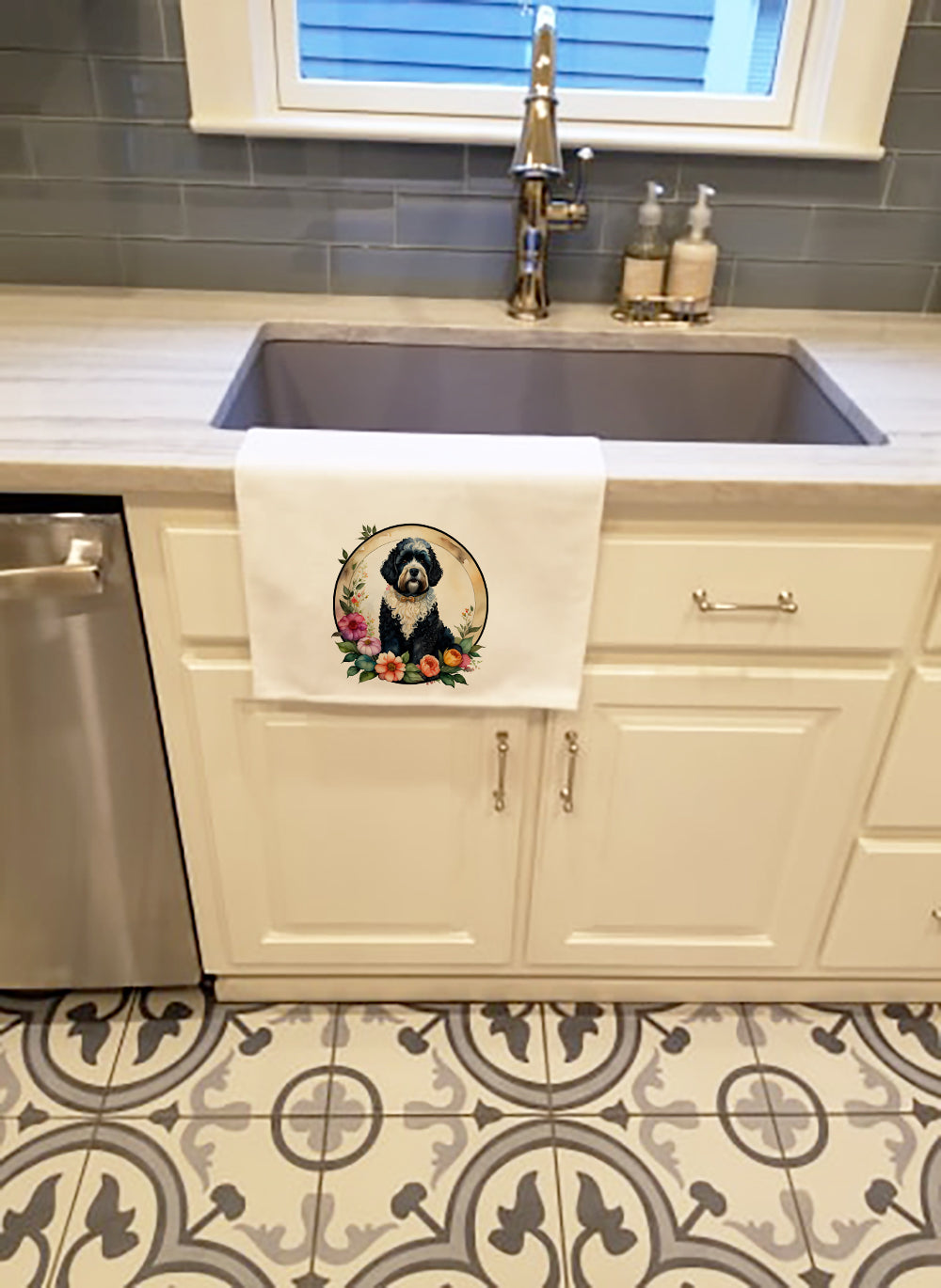 Portuguese Water Dog and Flowers Kitchen Towel Set of 2 White Dish Towels Decorative Bathroom Hand towel for Hand, Face, Hair, Yoga, Tea, Dishcloth, 19 X 28", White