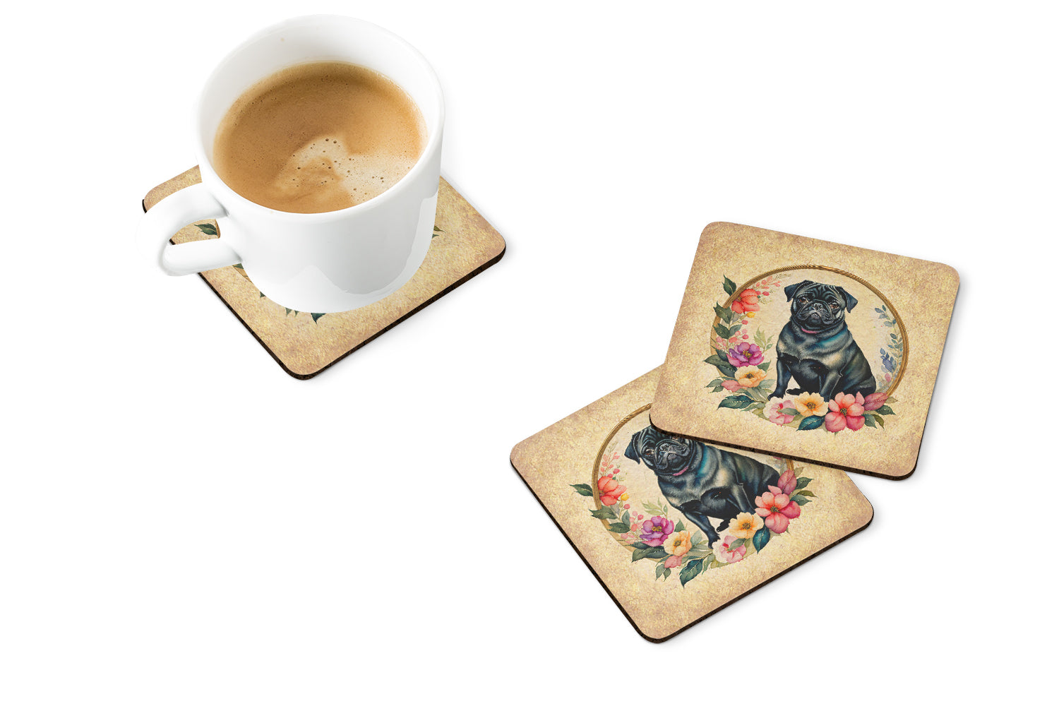 Black Pug and Flowers Foam Coasters Set of 4 Cup Coasters for Indoor Outdoor, Tabletop Protection, Anti Slip, Mouse pad Material