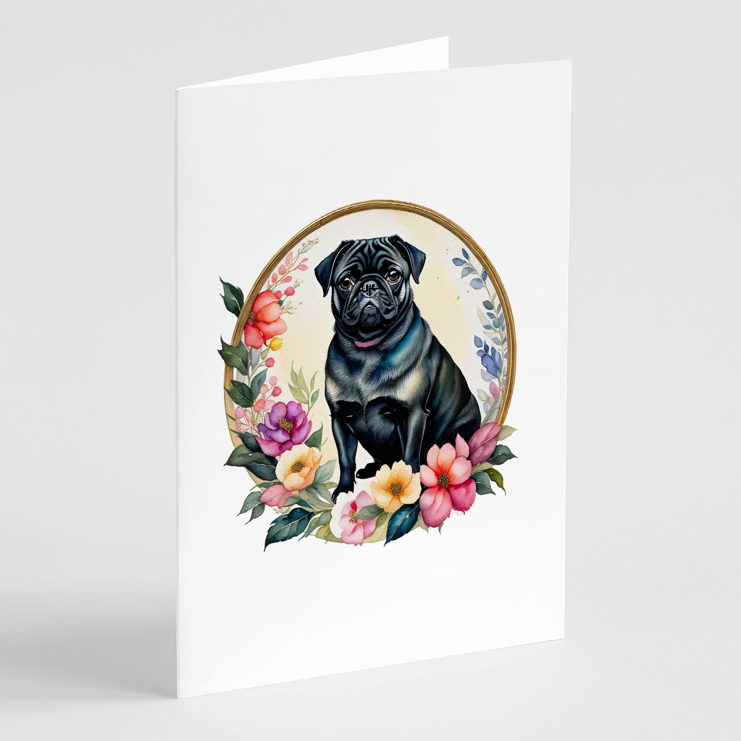 Black Pug and Flowers Greeting Cards Pack of 8 Blank Cards with Envelopes Whimsical A7 Size 5x7