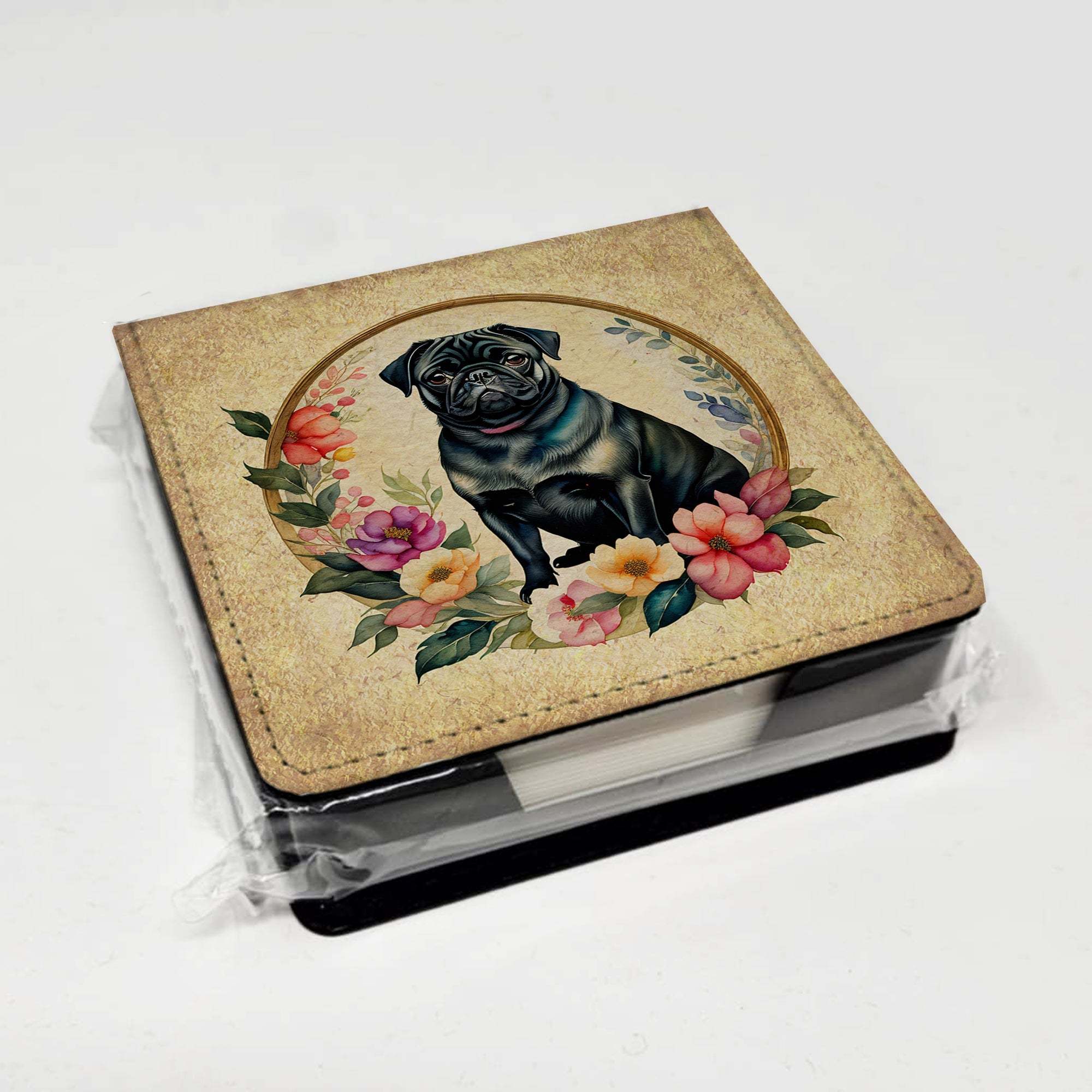 Black Pug and Flowers PU Leather Note Paper Holder with Artist-Designed Cover, Desk Accessory, Office Gift