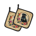 Black Pug and Flowers Pot Holder Set of 2 Heat Resistant Quilted Hot Pads 7.5 x 7.5 Inch, Insulated Kitchen Trivets for Cooking & Baking