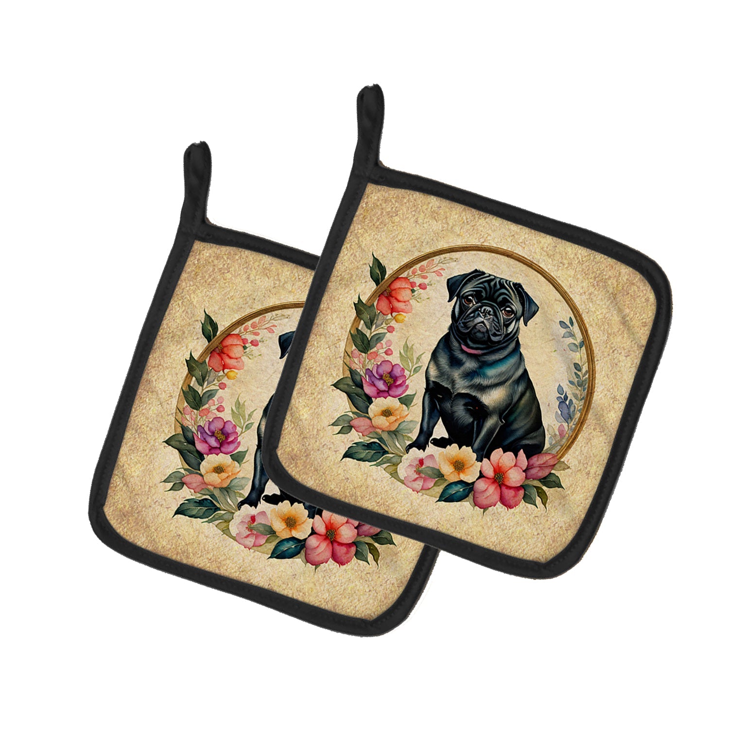 Black Pug and Flowers Pot Holder Set of 2 Heat Resistant Quilted Hot Pads 7.5 x 7.5 Inch, Insulated Kitchen Trivets for Cooking & Baking