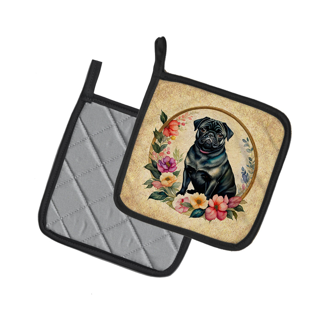 Black Pug and Flowers Pot Holder Set of 2 Heat Resistant Quilted Hot Pads 7.5 x 7.5 Inch, Insulated Kitchen Trivets for Cooking & Baking