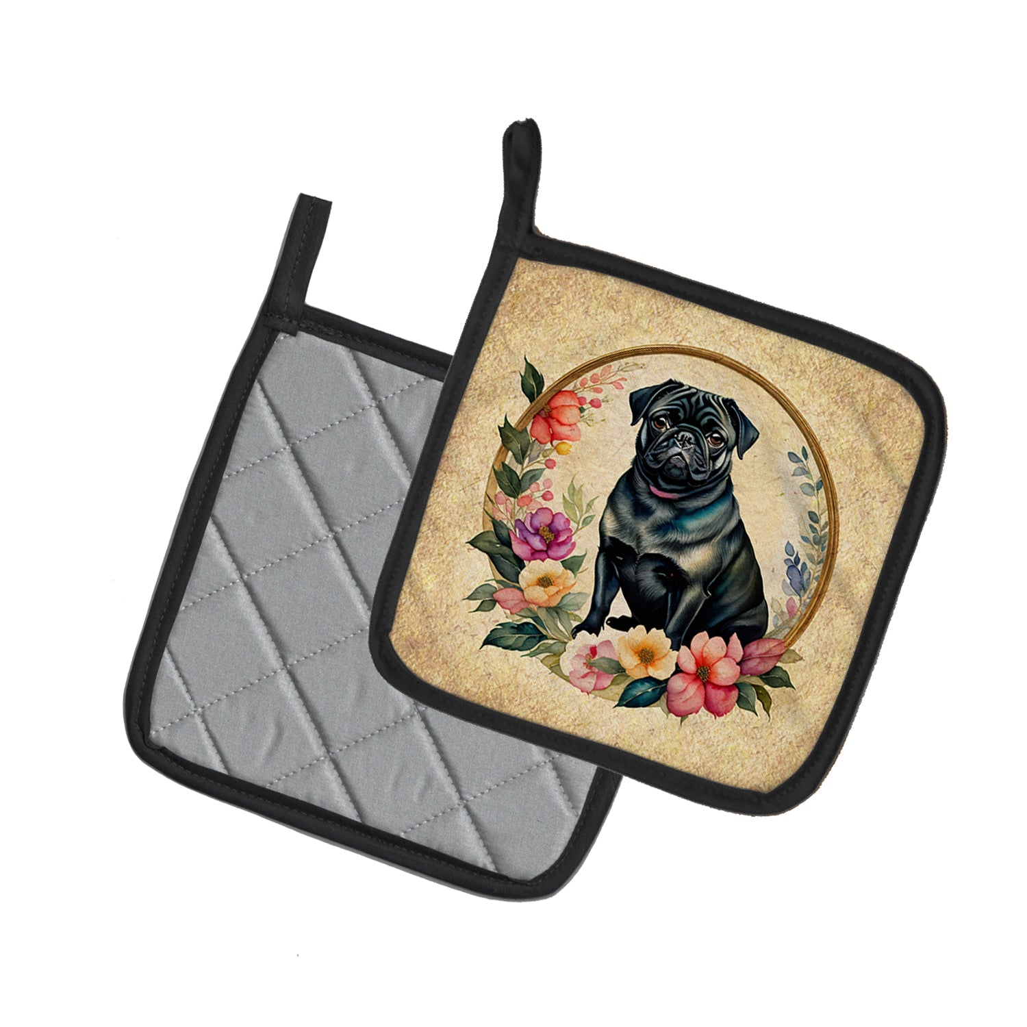 Black Pug and Flowers Pot Holder Set of 2 Heat Resistant Quilted Hot Pads 7.5 x 7.5 Inch, Insulated Kitchen Trivets for Cooking & Baking