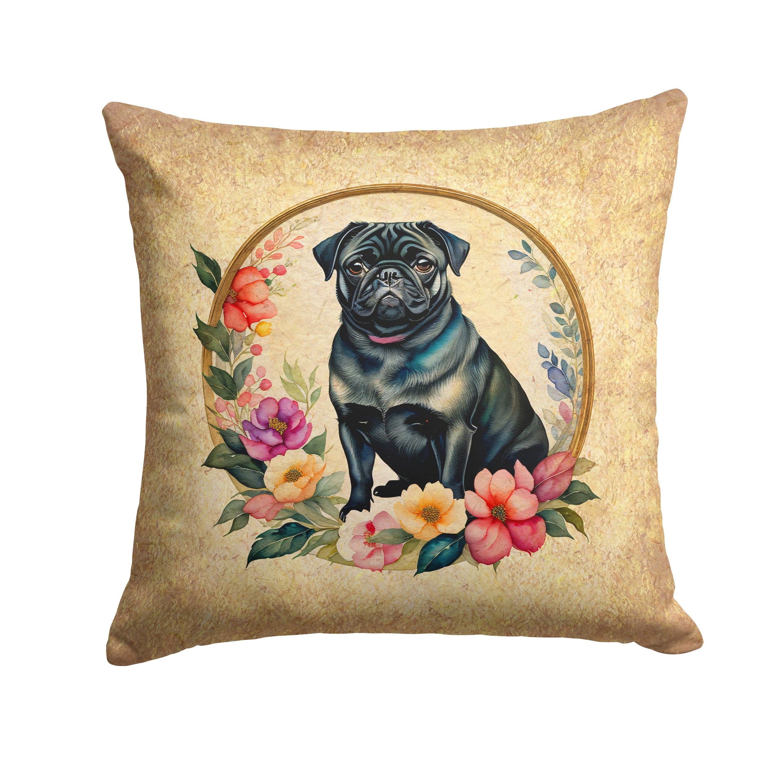 Black Pug and Flowers Decorative Throw Pillow 14x14 Indoor Outdoor Accent Cushion, Fabric Cover with Insert for Sofa, Bed, Porch & Living Room