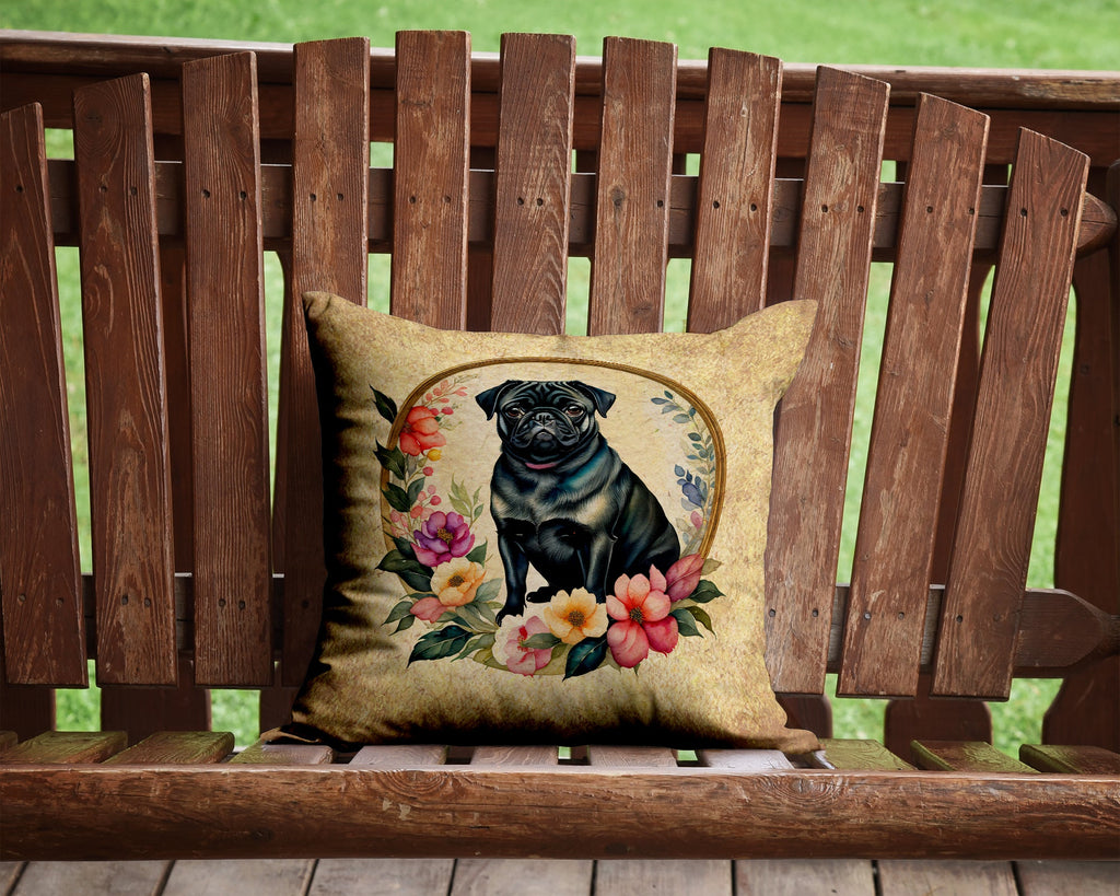 Black Pug and Flowers Decorative Throw Pillow 14x14 Indoor Outdoor Accent Cushion, Fabric Cover with Insert for Sofa, Bed, Porch & Living Room