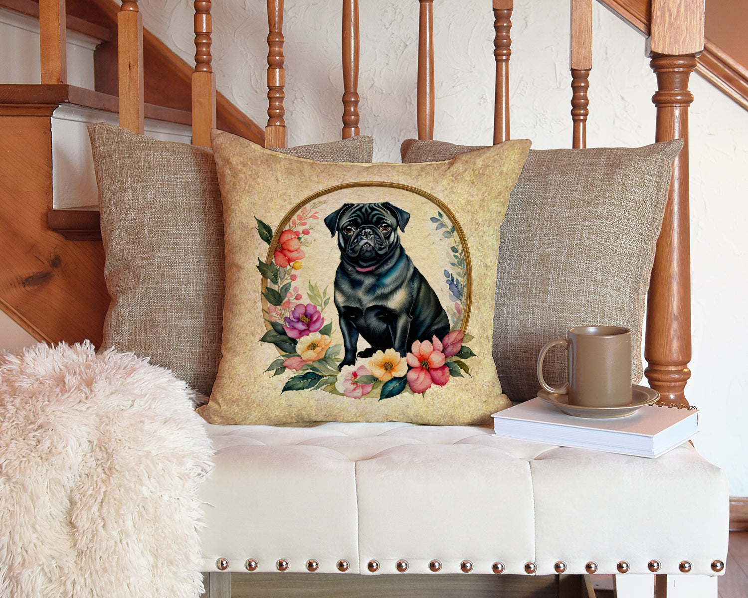 Black Pug and Flowers Decorative Throw Pillow 14x14 Indoor Outdoor Accent Cushion, Fabric Cover with Insert for Sofa, Bed, Porch & Living Room