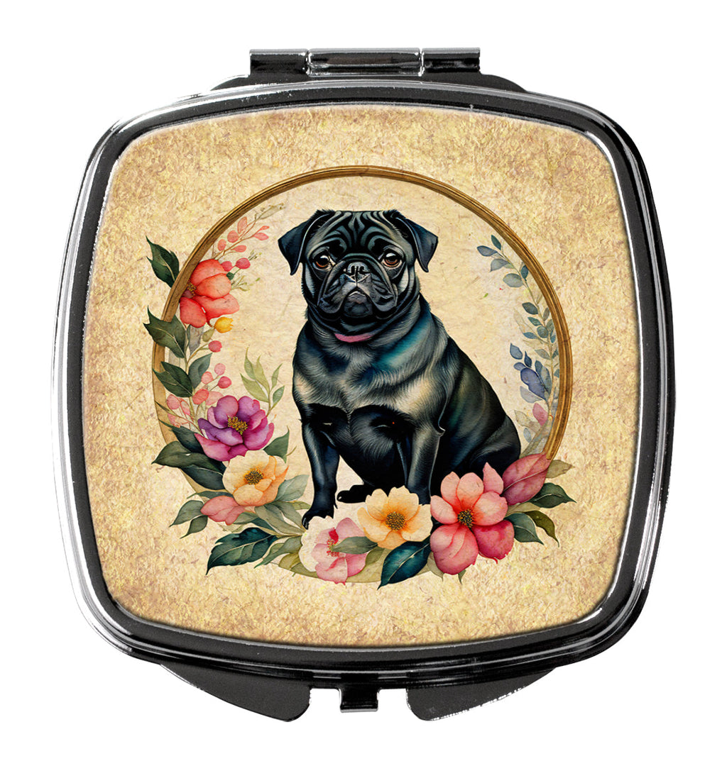 Black Pug and Flowers Compact Mirror Decorative Travel Makeup Mirror for Women Girls Gifts Pocket Makeup Mirror Folding Handheld