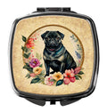 Black Pug and Flowers Compact Mirror Decorative Travel Makeup Mirror for Women Girls Gifts Pocket Makeup Mirror Folding Handheld