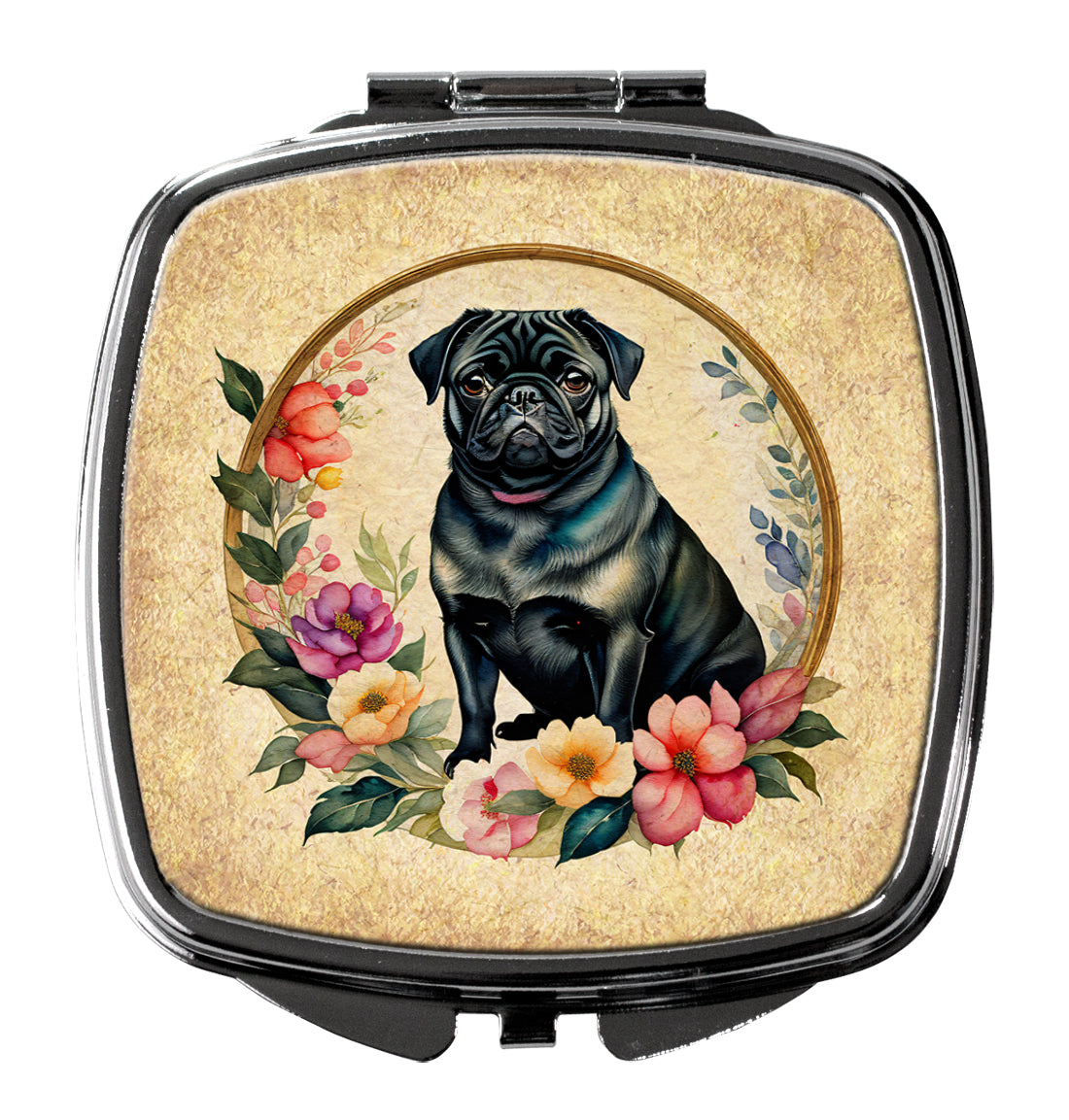Black Pug and Flowers Compact Mirror Decorative Travel Makeup Mirror for Women Girls Gifts Pocket Makeup Mirror Folding Handheld