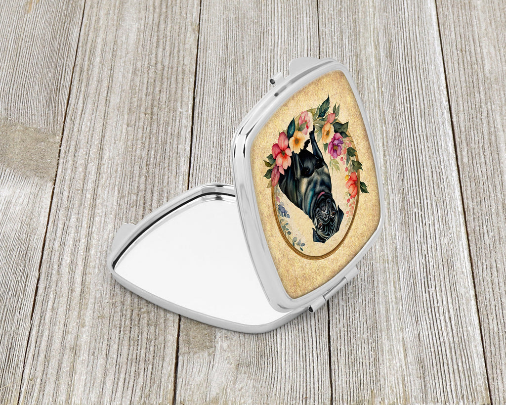 Black Pug and Flowers Compact Mirror Decorative Travel Makeup Mirror for Women Girls Gifts Pocket Makeup Mirror Folding Handheld