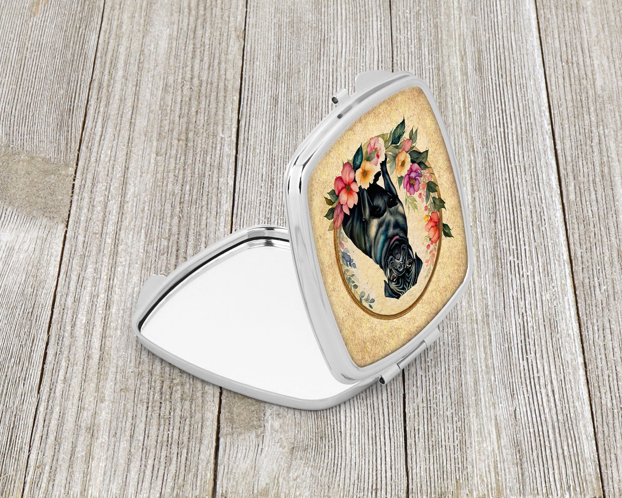 Black Pug and Flowers Compact Mirror Decorative Travel Makeup Mirror for Women Girls Gifts Pocket Makeup Mirror Folding Handheld
