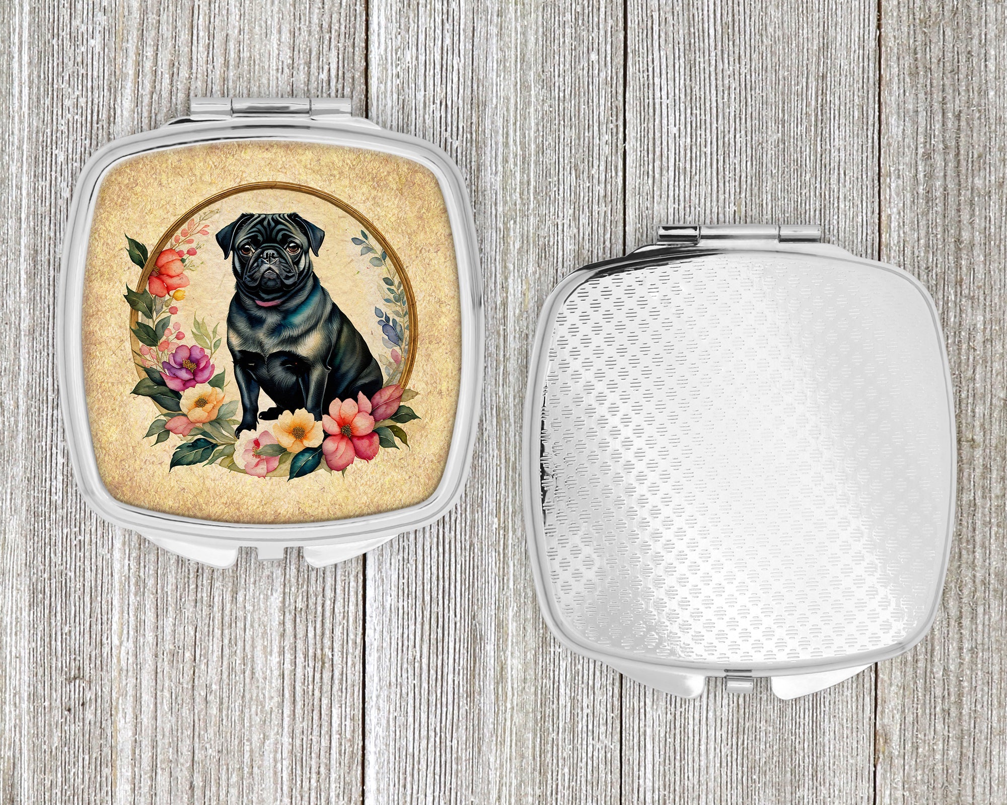 Black Pug and Flowers Compact Mirror Decorative Travel Makeup Mirror for Women Girls Gifts Pocket Makeup Mirror Folding Handheld