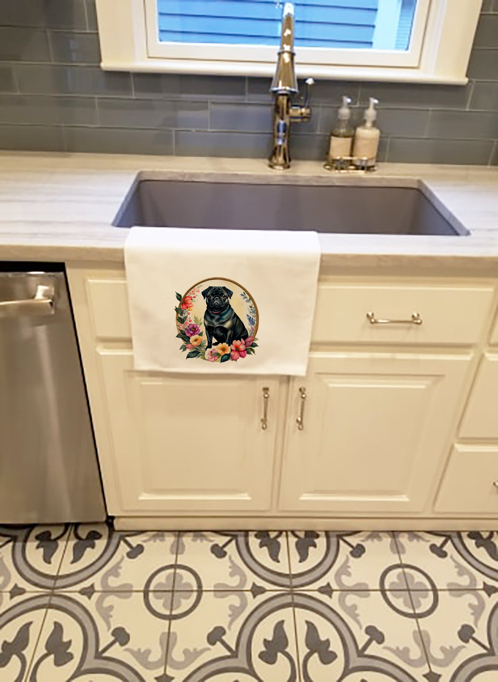 Black Pug and Flowers Kitchen Towel Set of 2 White Dish Towels Decorative Bathroom Hand towel for Hand, Face, Hair, Yoga, Tea, Dishcloth, 19 X 28", White