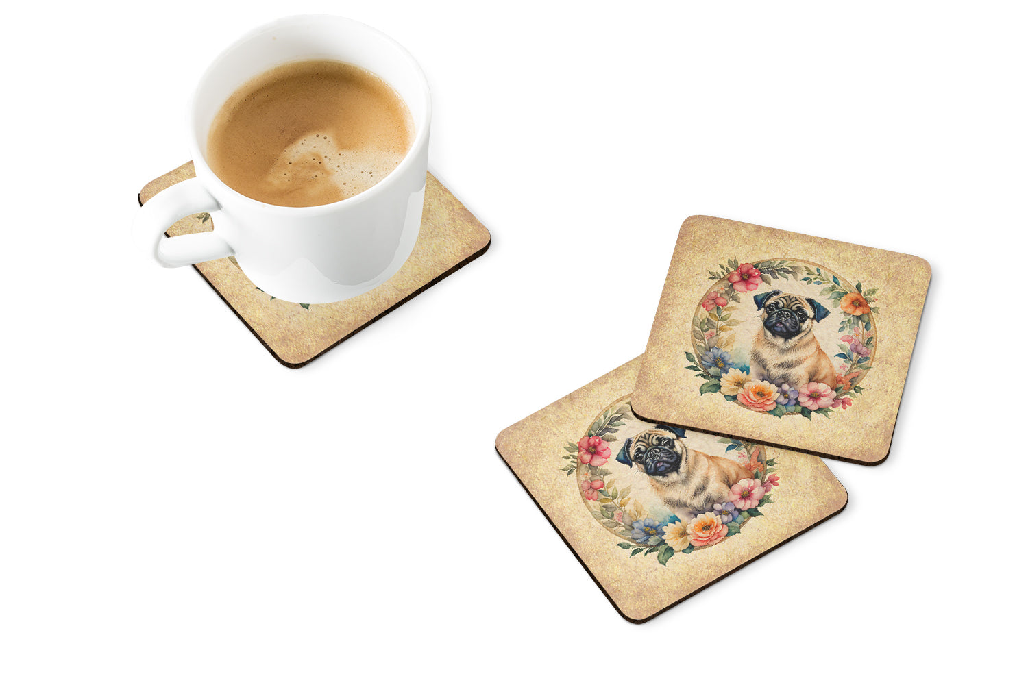 Fawn Pug and Flowers Foam Coasters Set of 4 Cup Coasters for Indoor Outdoor, Tabletop Protection, Anti Slip, Mouse pad Material