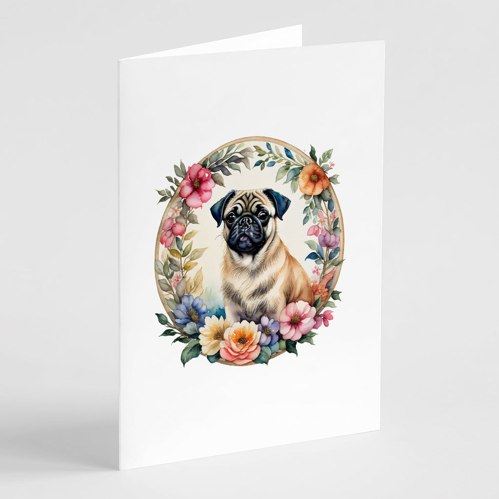 Fawn Pug and Flowers Greeting Cards Pack of 8 Blank Cards with Envelopes Whimsical A7 Size 5x7
