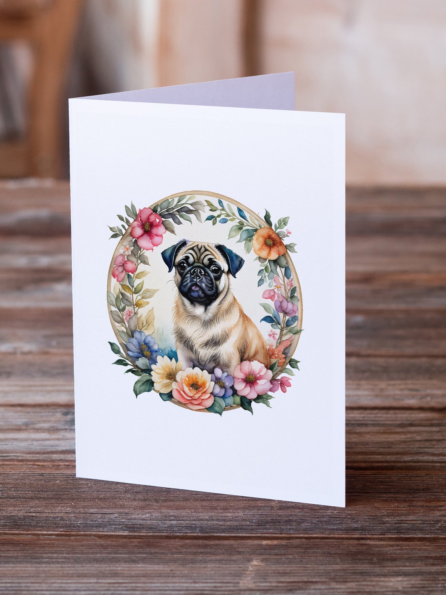 Fawn Pug and Flowers Greeting Cards Pack of 8 Blank Cards with Envelopes Whimsical A7 Size 5x7
