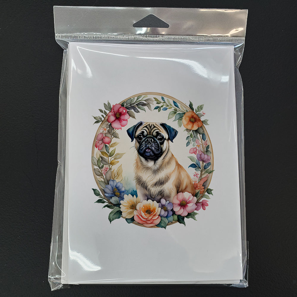 Fawn Pug and Flowers Greeting Cards Pack of 8 Blank Cards with Envelopes Whimsical A7 Size 5x7